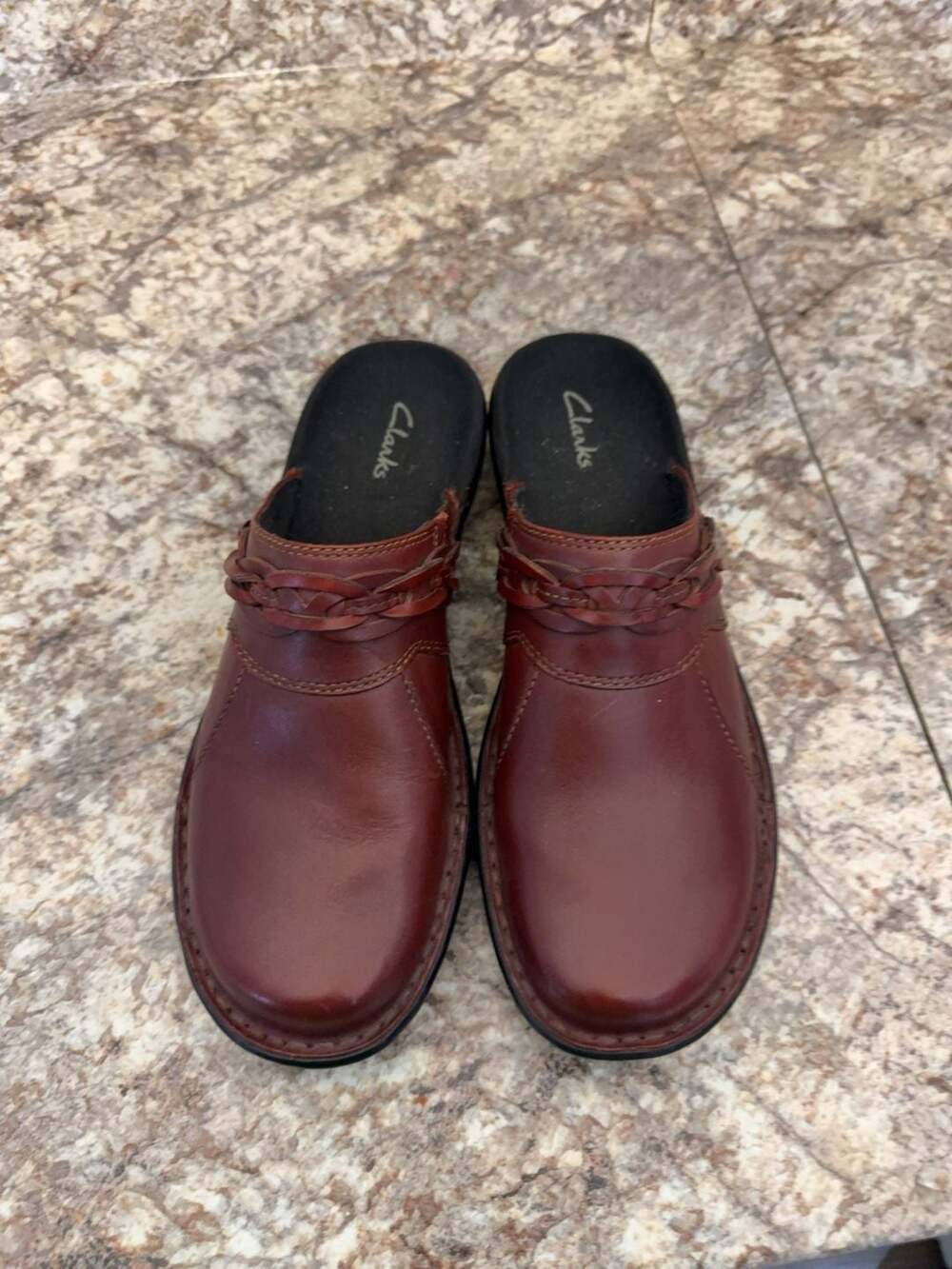 Clarks Brown Leather Braided Strap Clog Mules